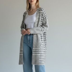 Lovetrend Longline Open Cardigan Sweater Houndstooth Cream Grey Cozy Layer